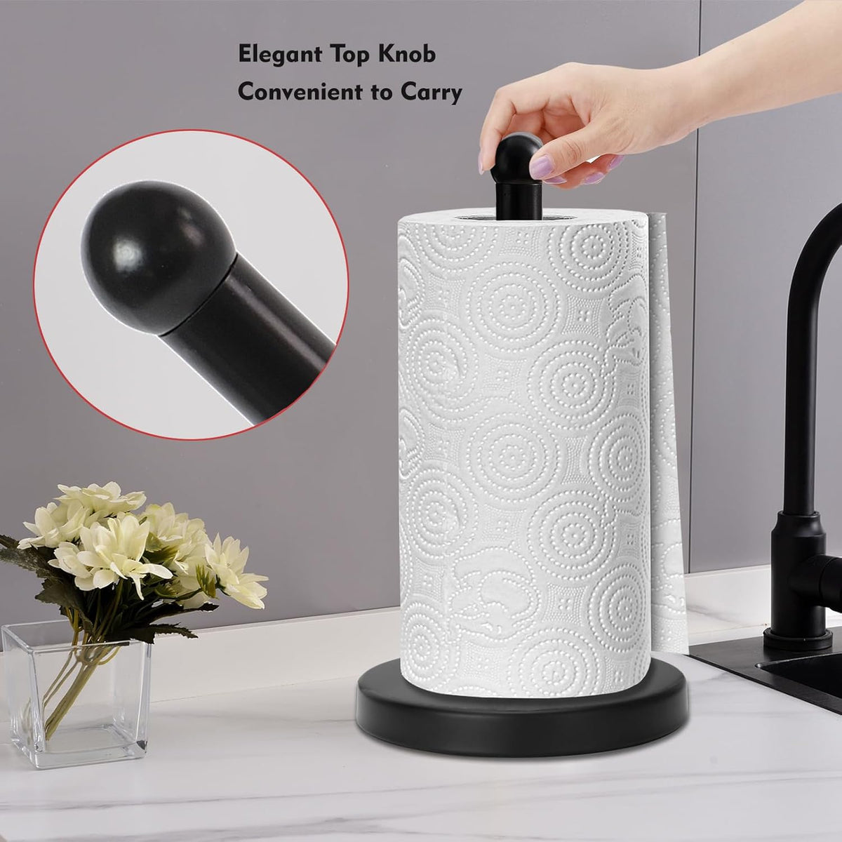 Noonext Paper Towel Holder Stand with Sturdy Base, Black Matte Paper Towel Holder Countertop (Black)