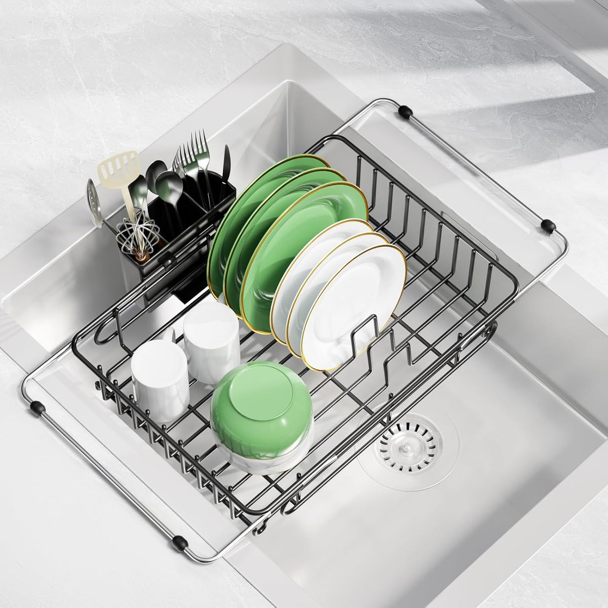 Expandable Dish Drying Rack for in-Sink, Over-Sink, and Counter Use, Dish Drainer with Removable Cutlery Holder, Space Saving & No Assembly Needed 10.5" W x 15" L