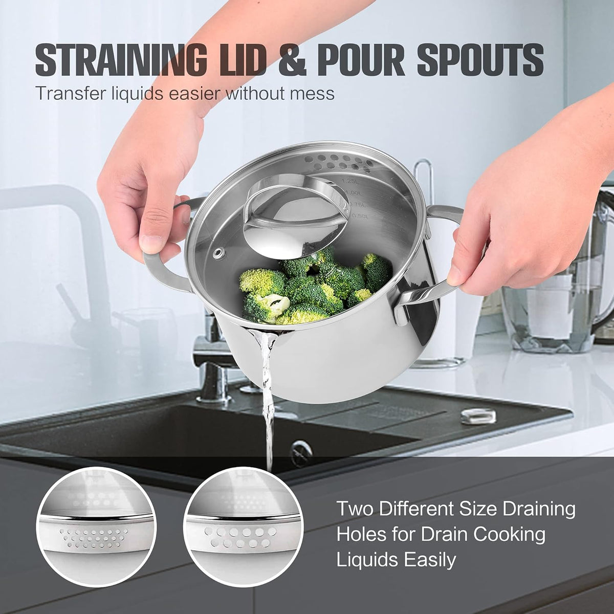 Tri-Ply Stainless Steel Sauce Pan with Steamer Basket & Straining Glass Lid — Heavy-Duty, Thick Base,Rust-Resistant,Warp-Free —100% Food-Grade —Built to Last– Works with All Stovetops, Pasta Pot 2 QT