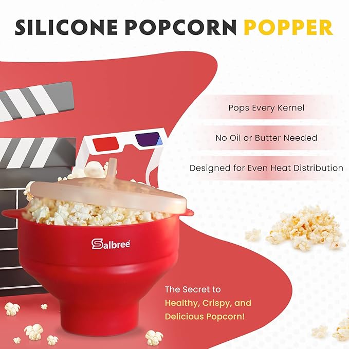 The Original Salbree Collapsible Silicone Microwave Popcorn Popper Maker Machine, Microwavable Bowl Holds 16 Cups, Uses Hot Air and Oil Always Optional - The Most Colors Available (Gray)