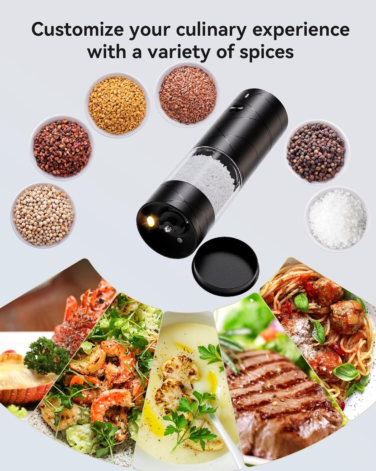 Electric Salt or Pepper Grinder with Adjustable Coarseness, Rechargeable Automatic Salt or Pepper Grinder with One Hand Operated and LED Light, Salt Grinder & Pepper Mill for Family BBQ