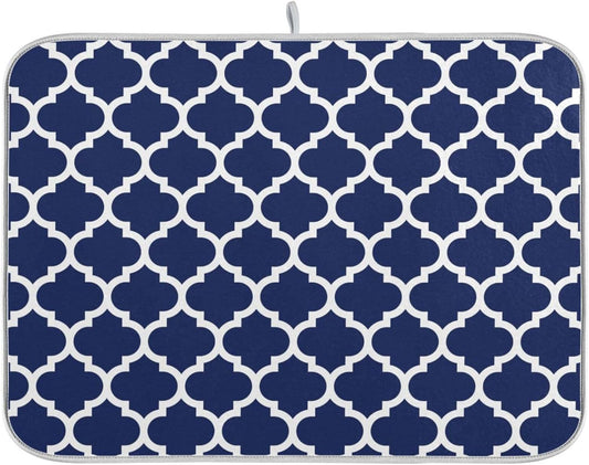 Navy Blue Trellis Lattice Dish Drying Mat for Kitchen Counter Absorbent Microfiber Drying Pad, Large 18x24 in, Reversible Drainer Mats