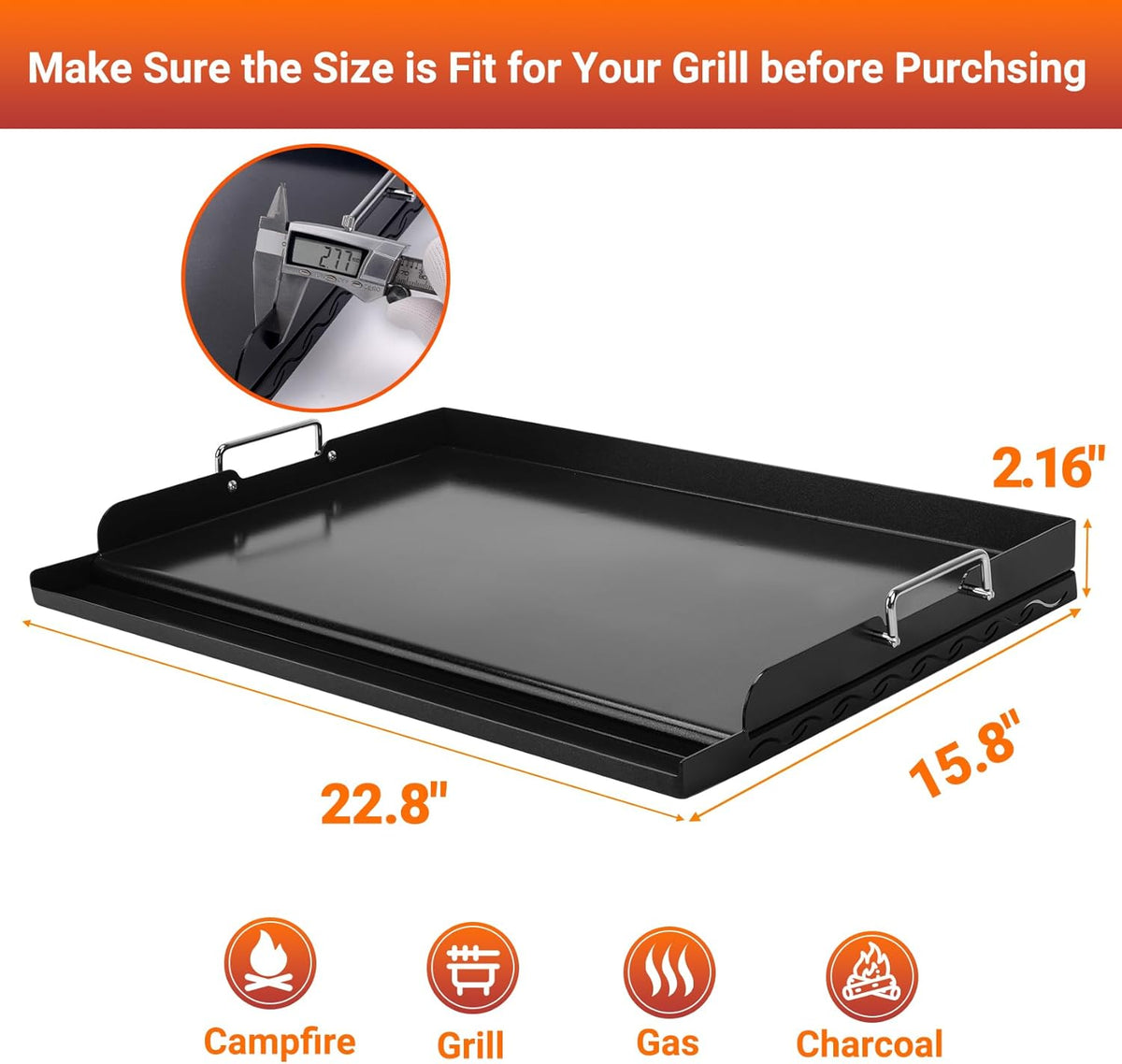 Skyflame 23"x16" Universal Grill Flat Top Griddle, Ceramic Coating Nonstick BBQ Cooking Griddle with Handles and Grease Groove, Fit for Gas/Charcoal Grills