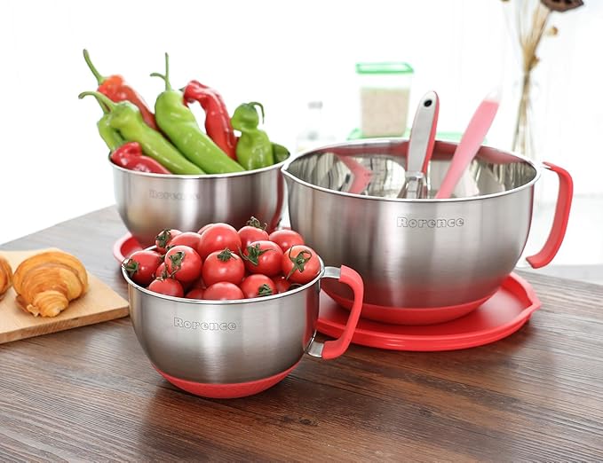 Rorence Mixing Bowls with Lids Set: Stainless Steel Mixing Bowls with Handles, Non-Slip Bottom & Pour Spout - Red, 3 quarts