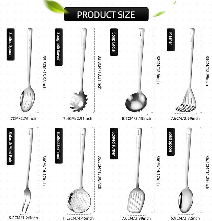 18/8 Stainless Steel Cooking Utensil set, 8 Pieces Metal Kitchen Utensils set, Slotted Spoon,Meat Fork,Ladle,Skimmer,Spatula,Spaghetti Server,Large Spoon,Masher (Dishwasher Safe, Silver)