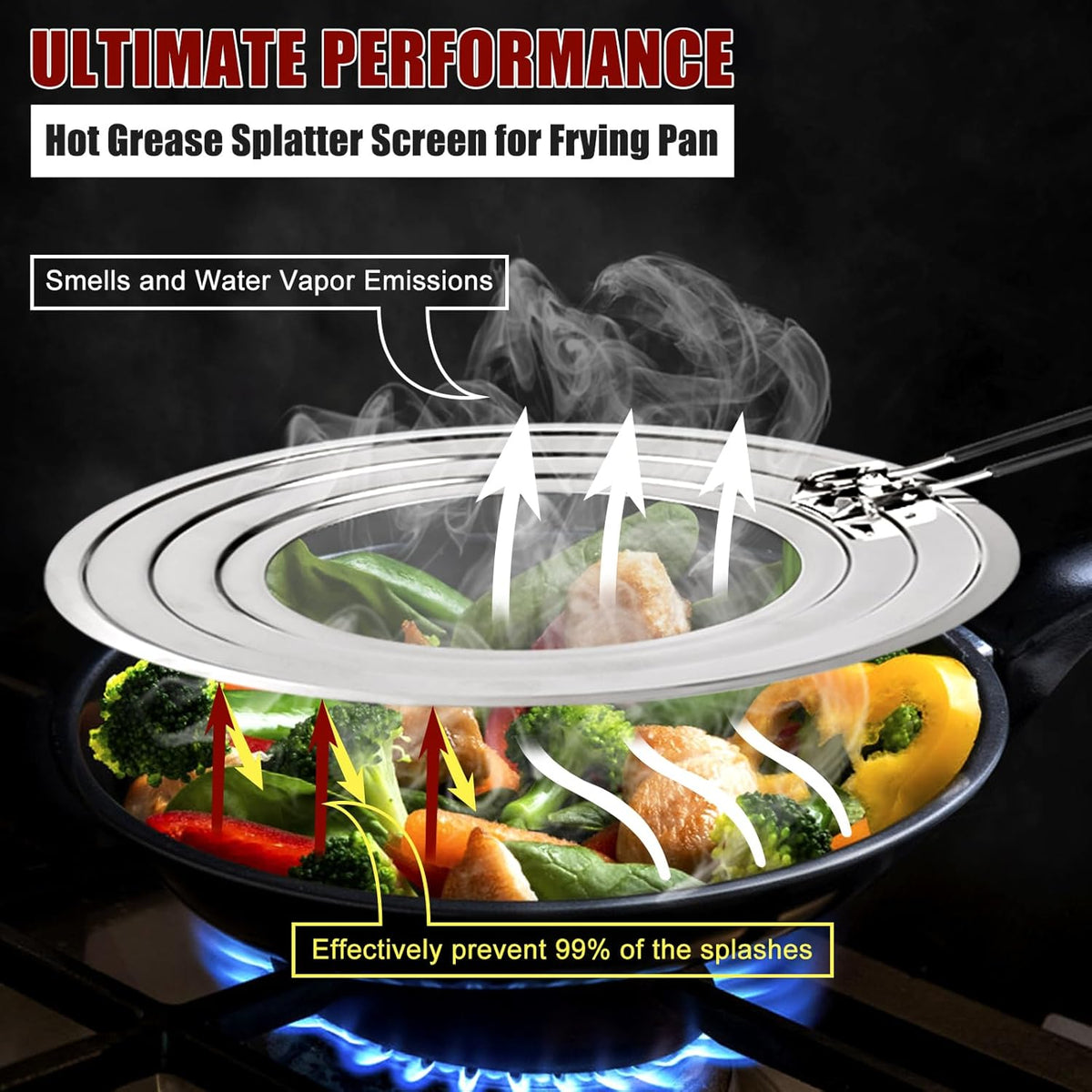 Stainless Steel Splatter Screen for Frying Pan - Grease Splatter Guard with Folding Handle - Cover Oil Splash from Bacon, Oil, or Deep Fryer - Food Strainer and Universal Cookware