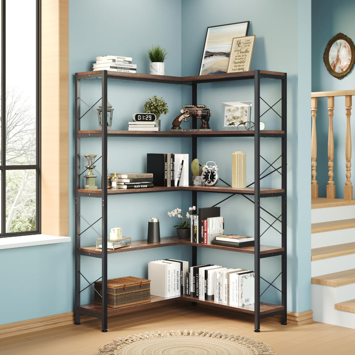 5-Shelf Corner Bookshelf, Vintage Industrial L-Shaped Bookshelf Etagere Bookcase, Large Book Shelf with Metal Frame Open Storage Corner Cabinet (Retro Brown-5 Shelf)