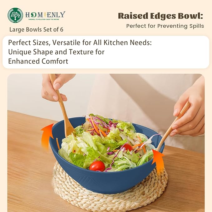 Homienly Wheat Straw Bowl Set of 6-60 OZ Large Salad Bowls,Microwave and Dishwasher Safe Bowl Set, Alternative for Plastic Bowls for Serving Soup,Popcorn Bowl for Kitchen - Blue