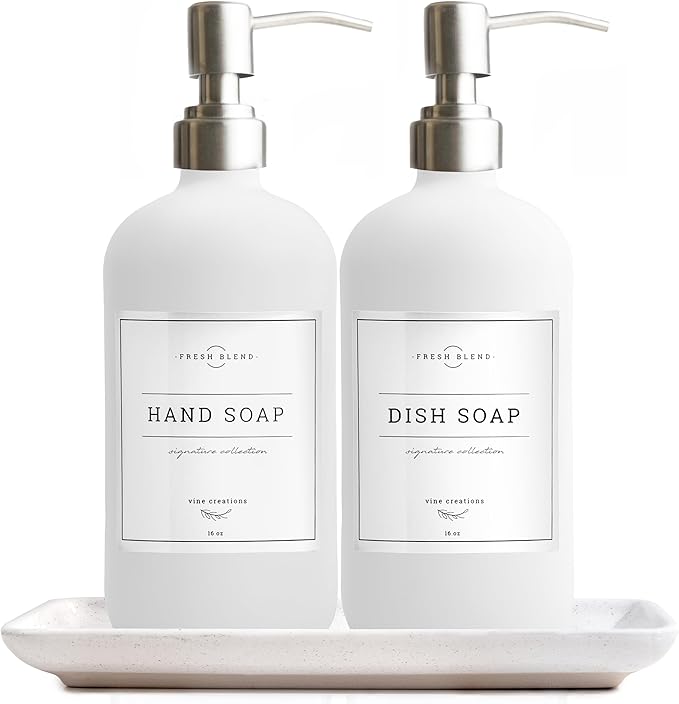 Vine Creations Glass Soap Dispenser, 2 Pack Kitchen Soap Dispenser Set with Ceramic Tray, Stainless Steel Pump, Dish Soap and Hand Soap Dispensers for Bathroom or Kitchen Decor with Waterproof Labels