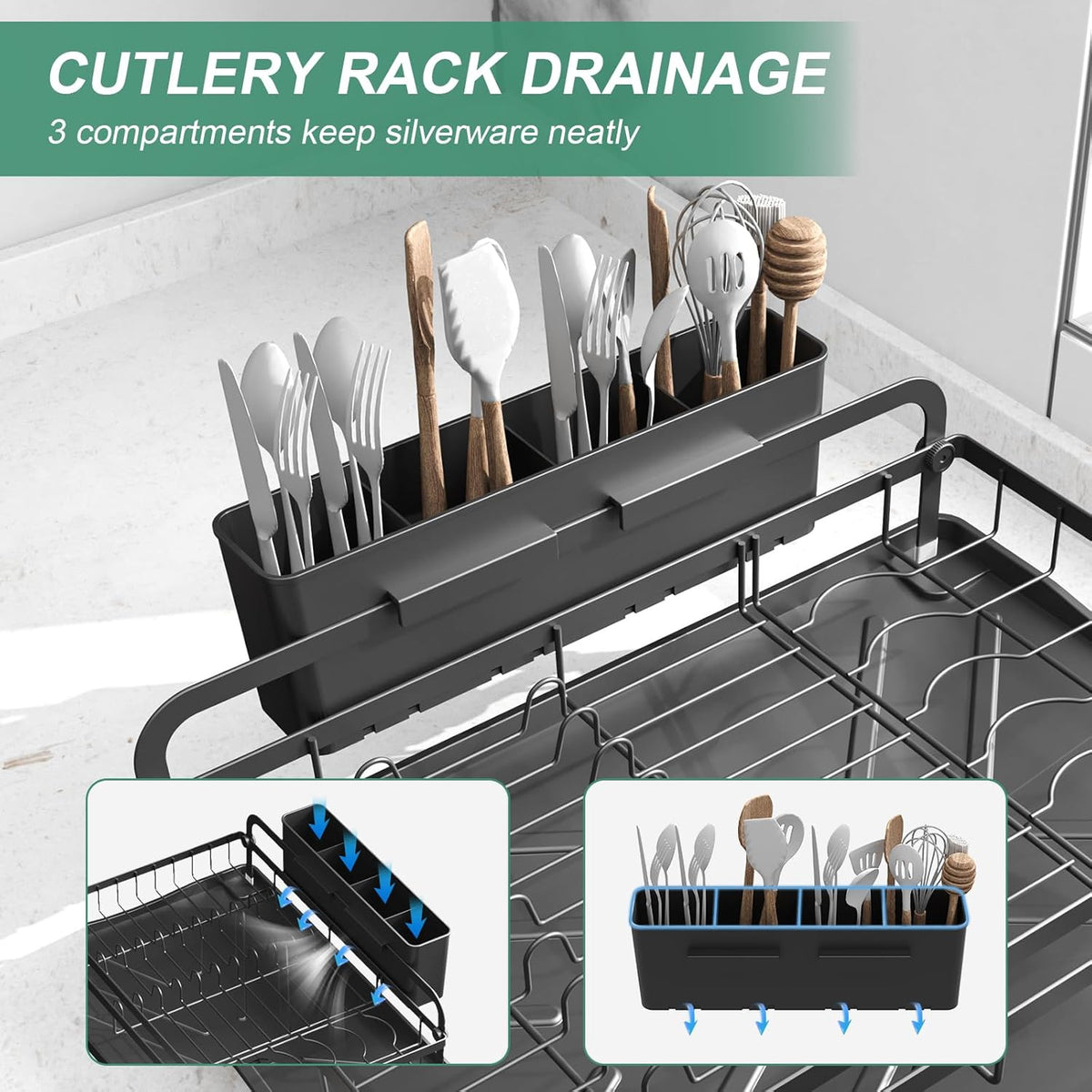 Dish Drying Rack for Kitchen Counter, Large Dish Drying Rack with Utensil Holder & Cutlery Tray, Dish Drainer with Drainboard, Black