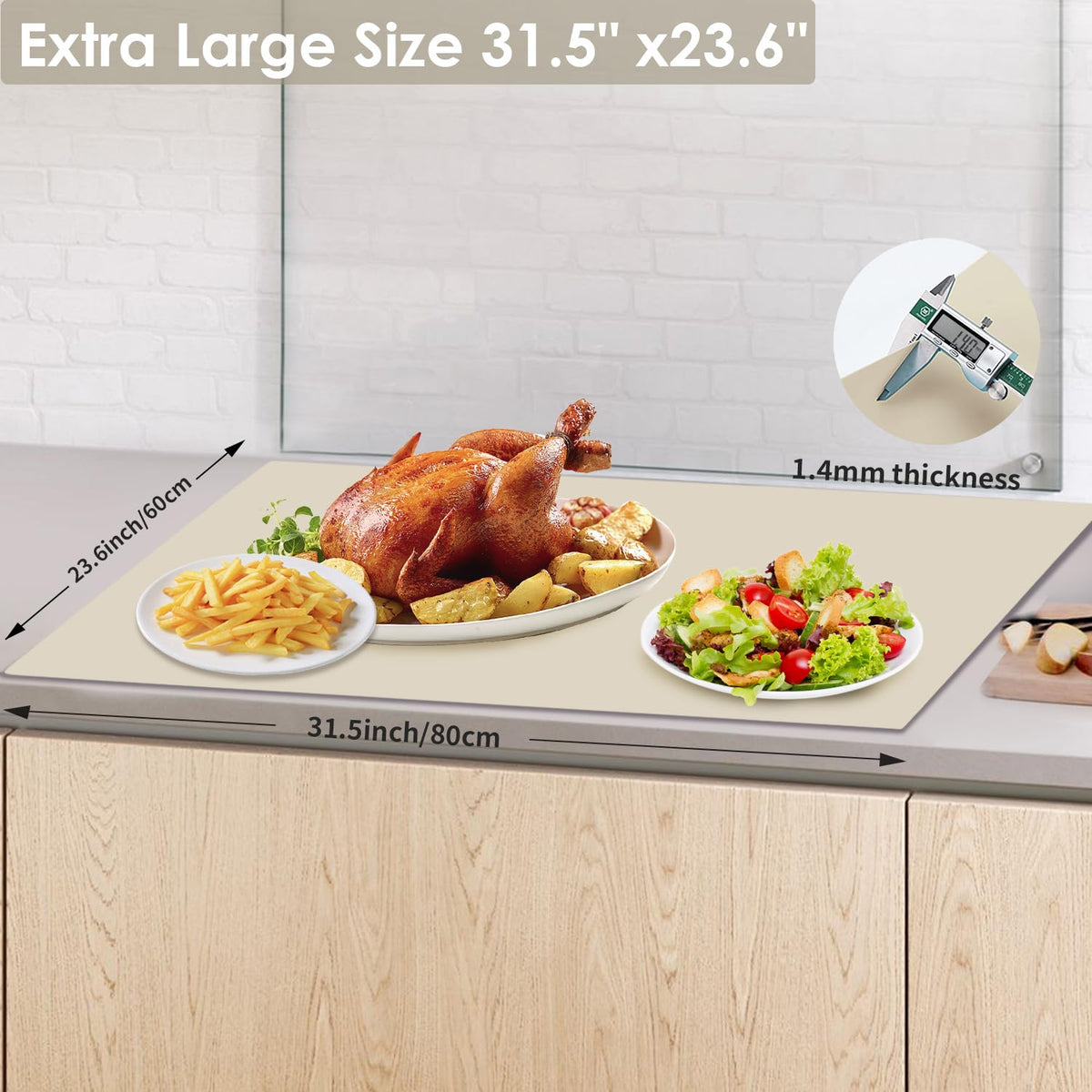 Extra Large Silicone Placemat, Food-Grade Flexible Silicone Mat Kids Non-Slip Dinner Placemat Waterproof Heat Insulation Countertop Protector Silicone Pastry Rolling Dough Mats 31.5x23.6'''Beige