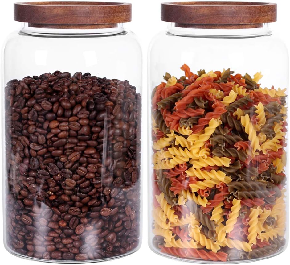 Large Glass Jar with Airtight Lid Set of 2 93 FL OZ(2750ml) glass canister set, Glass Food Containers Wooden Lid Suit for Kitchen Pantry for Flour, Tea, Coffee Beans, Sugar, Cookies(8.8 inch high)
