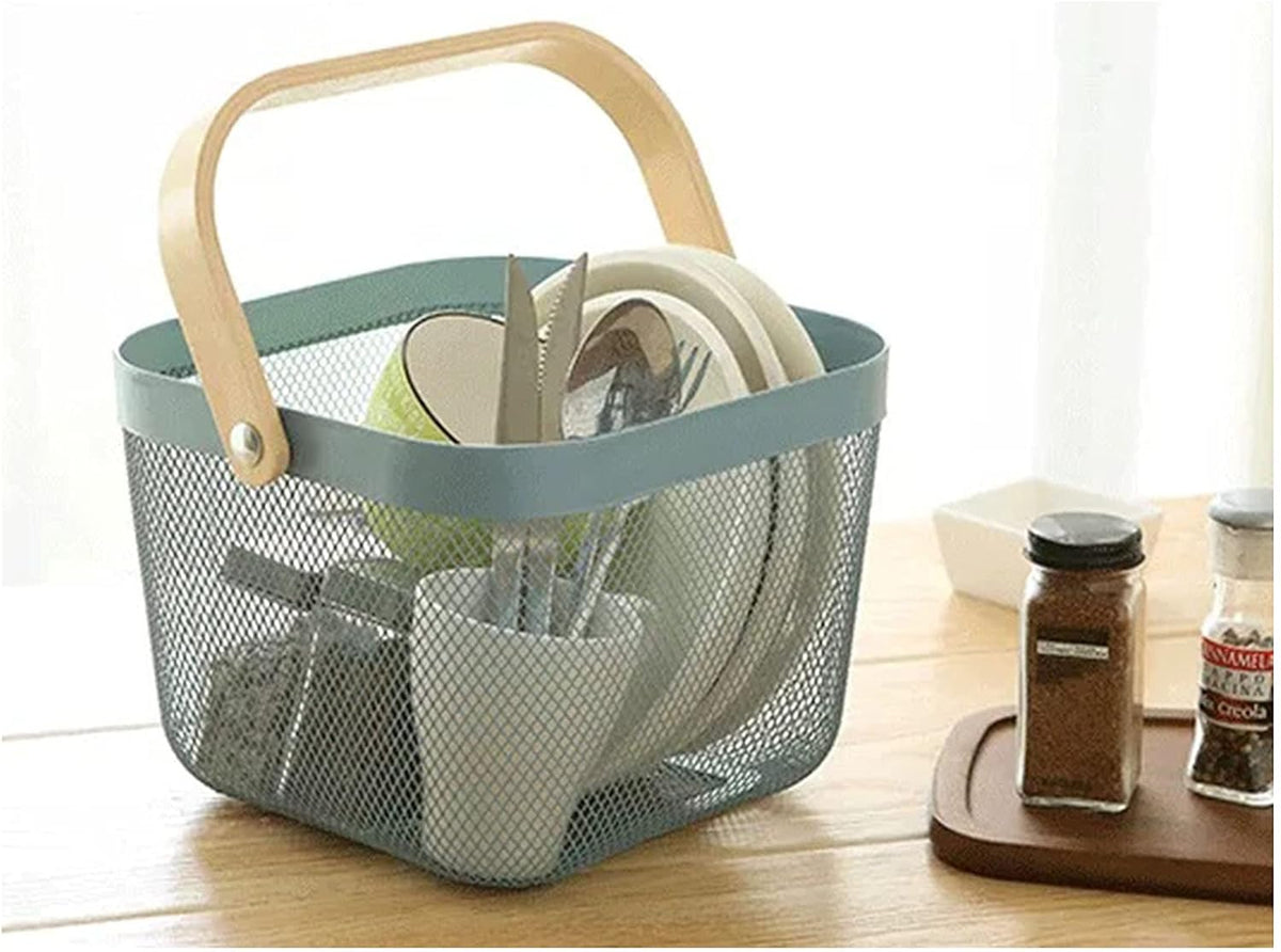 Metal Mesh Steel Basket, Storage Organizer Basket Multi-functional Hanging Kitchen Baskets Fruit Basket Bin with Bamboo Handle for Kitchen Bathroom Picnic Shopping Decor Cabinet Home, Blue