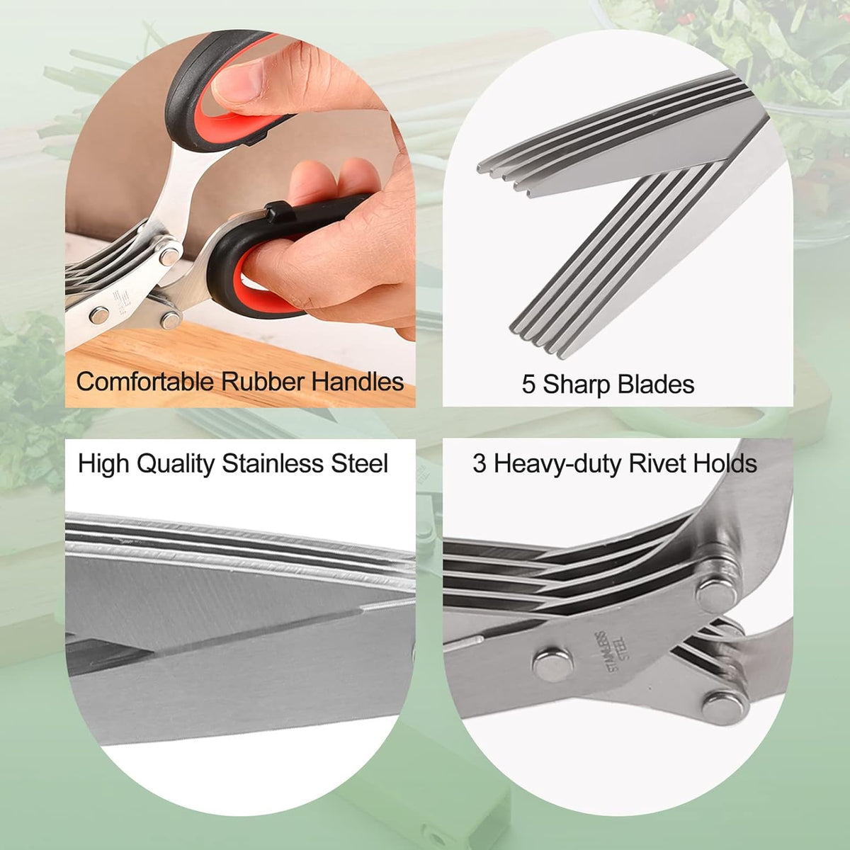 Herb scissors, Multipurpose Cutting Shears with 5 Blade Kitchen Salad Scissors, Safety Cover and Cleaning Comb for Chopping Cilantro Onion Basil Chive Parsley, Black