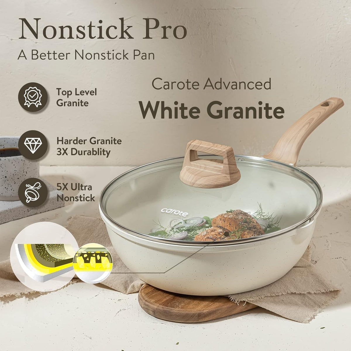CAROTE 10Inch Nonstick Deep Frying Pan with Lid, 4.5Qt Jumbo Cooker Saute Pan with Pour Spout, Skillet Induction Cookware, Non Stick Cooking Pan Kitchen Pan PFOA Free, White Granite