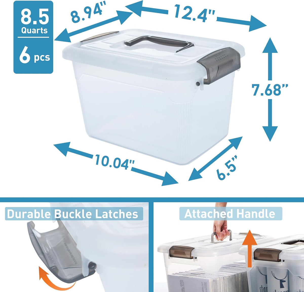 Citylife 6 Packs 8.5 QT Storage Bins with Lids Clear Plastic Bins with Grey Handle Stackable Storage Containers for Organizing