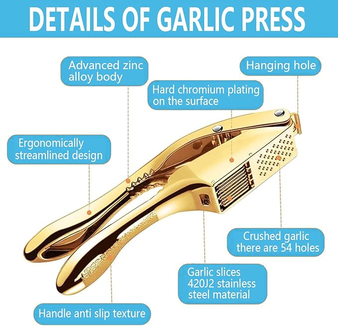 Garlic Press and Slicer 2 in 1, Rust Proof & Dishwasher Safe Professional Garlic Mincer Tool, Effortlessly Crush and Mince Garlic with this Ergonomic Handle-Garlic Slicer & Brush ANCQMI(Gold)