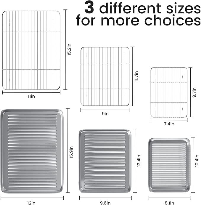 Baking Sheet with Wire Rack Set: 3 Baking Pans + 3 Cooling Racks for Cooking and Baking - Stainless Steel Nonstick Bacon Pans for Oven, Warp Resistant & Heavy Duty & Rust Free