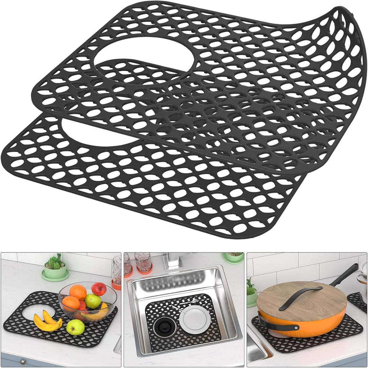 TOOVEM Kitchen Sink Mats, 2PCS Non-Slip Heat Resistant Silicone Sink Protector Mat, Folding Farmhouse Rear Drain Sink Mats (Type2: Side Drain, Black)