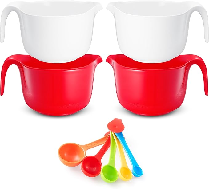 9 Pc Large Mixing Bowls with Handles, 3.6 qt - Plastic Nesting Bowls for Kitchen, Lightweight Batter Bowls, Easy to Clean (Includes: 4 Mixing Bowls + 5 Measuring Spoons Set)