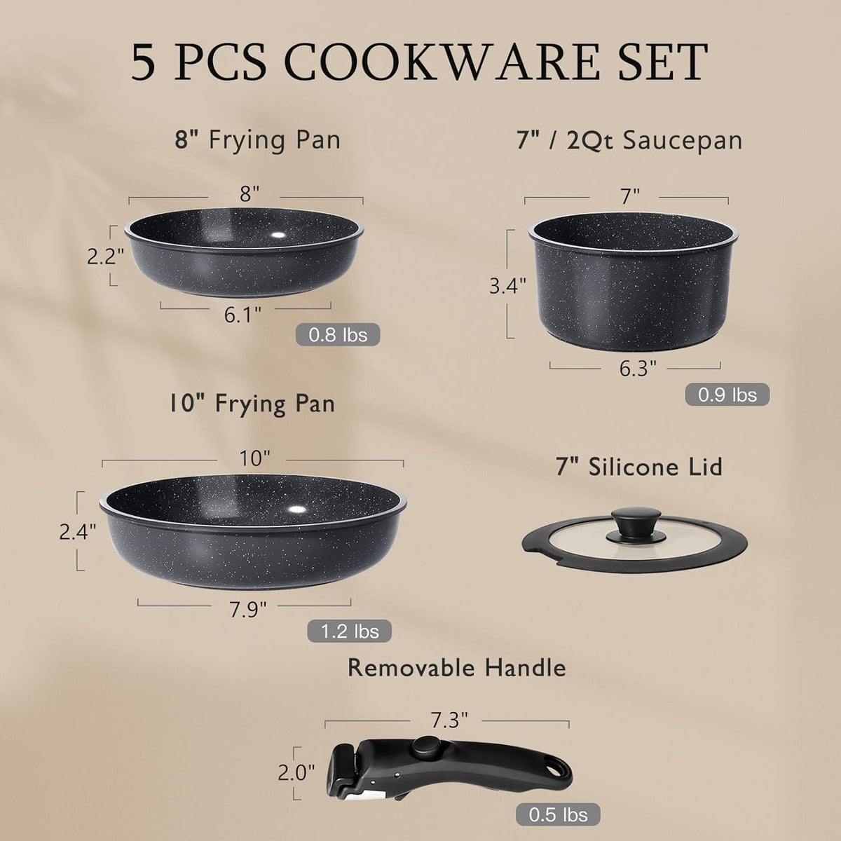 GiPP Ceramic Pots and Pans Set Non Stick, Nonstick Detachable Handle Cookware Sets, Non Toxic Induction Kitchen Pot and Pan with Removable Handle, Healthy RV Cookware, Dishwasher ＆Oven Safe, 5 Piece