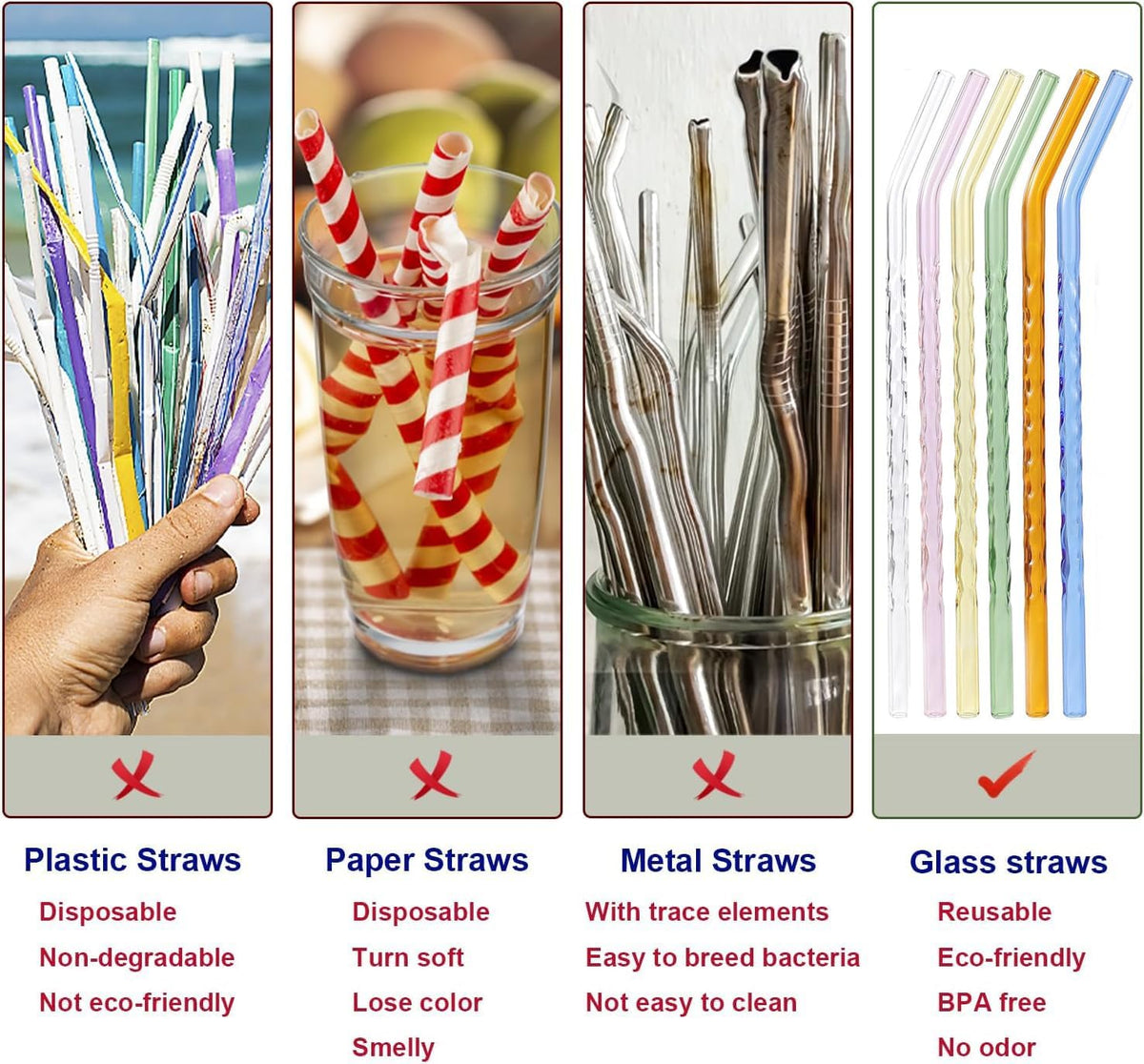 6-Pack Reusable Glass Straws Set, Clear Glass Drinking Straw, Cute Colorful Straws with Cleaning Brush, 8''x8MM