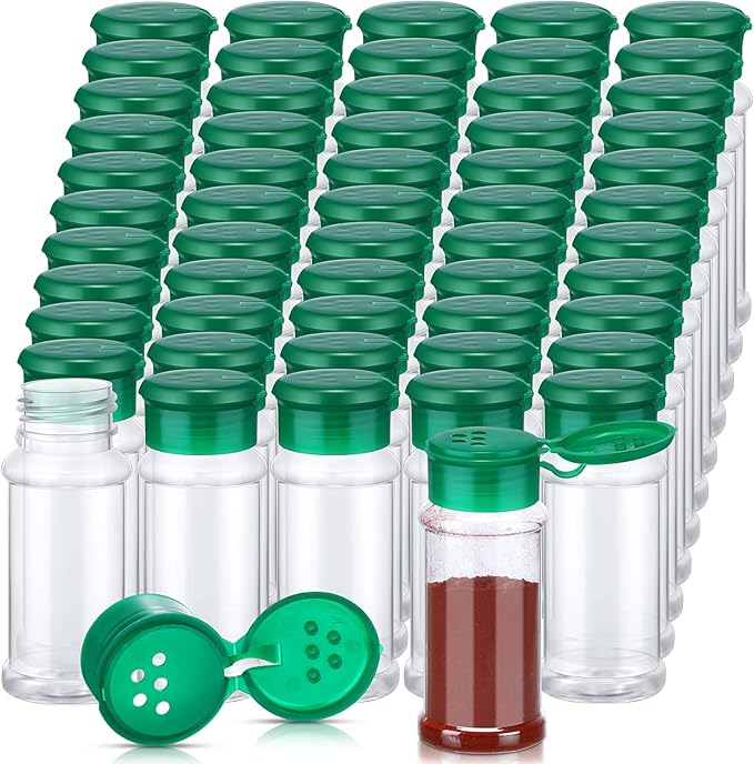 Amyhill 100 Pcs Plastic Spice Bottles Spice Jars Seasoning Jars Shaker Plastic Jars 3.3 Oz/ 100ml Seasoning Shaker with Shaker Lids(Green Lid)