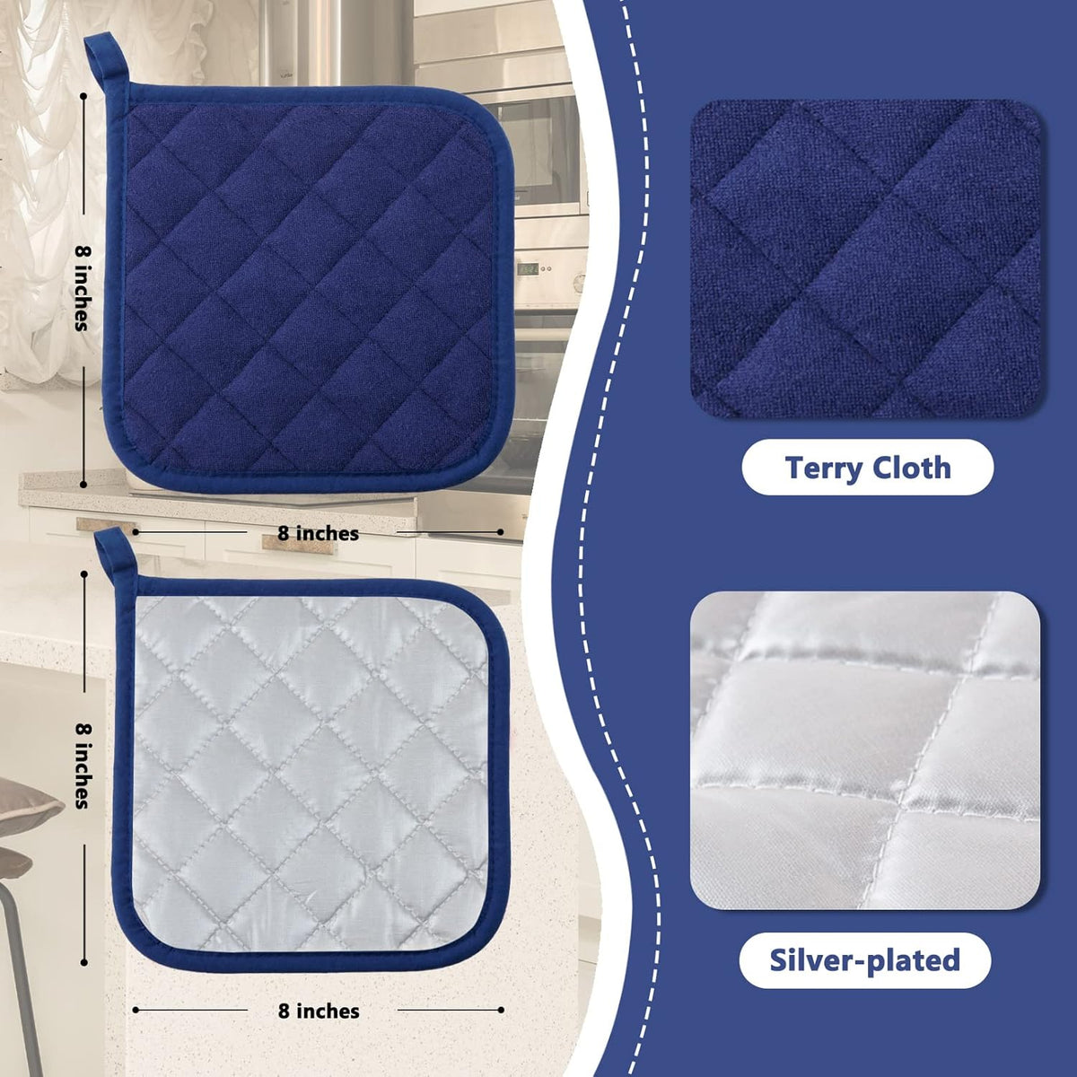 Joyhalo 6 Pack Pot Holders for Kitchen,Cotton Oven Holder with Great Heat Resistance,Non Slip Hot Pads for Kitchen Clearance,Dark Blue