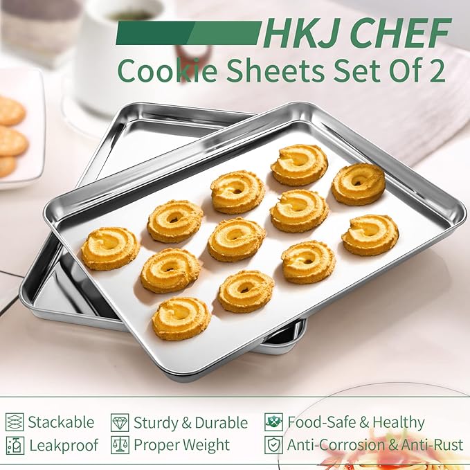Baking Sheets Set of 2, HKJ Chef Cookie Sheets 2 Pieces & Stainless Steel Baking Pans & Toaster Oven Tray Pans, Rectangle Size 16 x 12 x 1 inch, Non Toxic & Healthy & Easy to Clean
