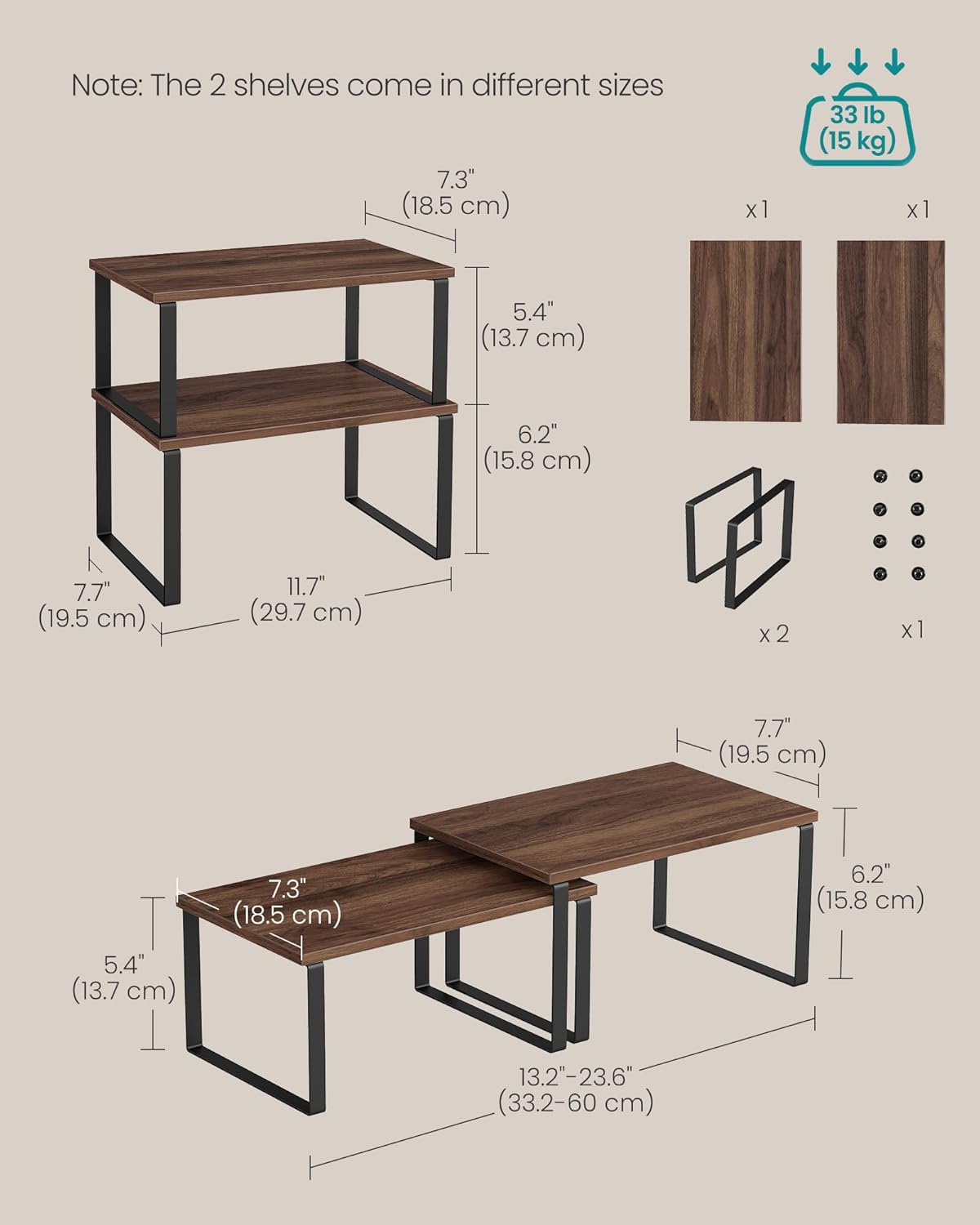 SONGMICS Cabinet Organizer Shelf, Set of 2 Kitchen Counter Shelves, Kitchen Storage, Spice Rack, Stackable, Expandable, Metal and Engineered Wood, Natural Walnut and Matte Black UKCS020K01