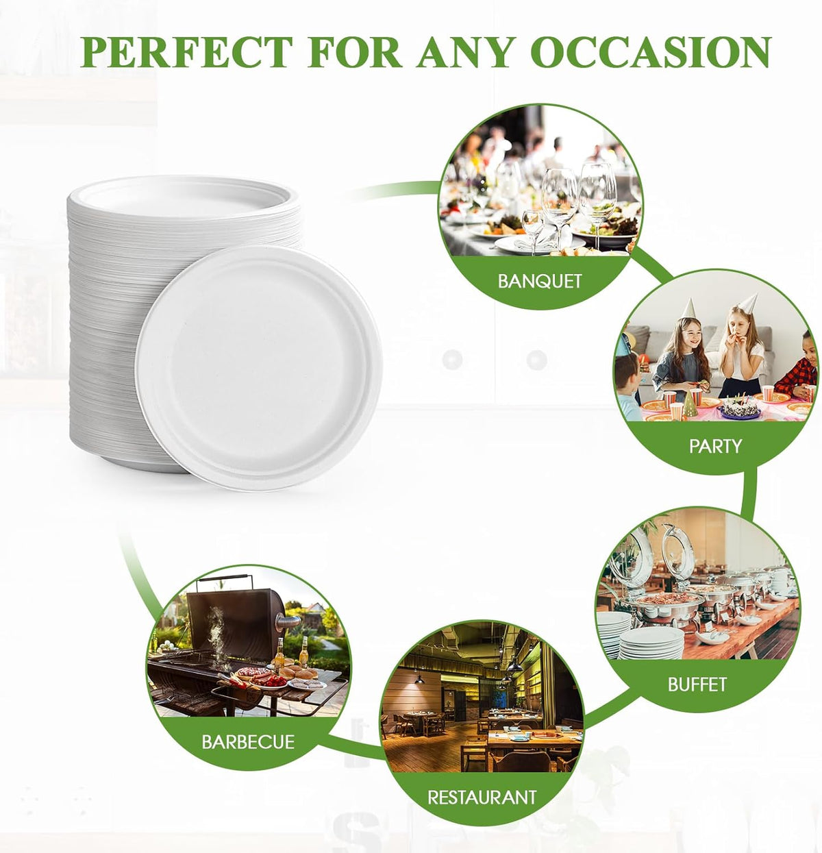 Vplus 350 Pack Paper Plates 7 inch 100% Compostable, Heavy-Duty Disposable Paper Plates Bagasse Natural Biodegradable Eco-Friendly Sugarcane(White)