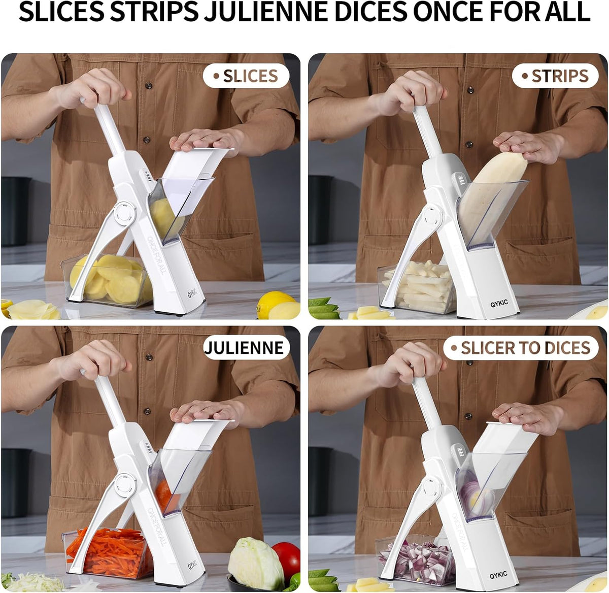 Safe Mandoline Slicer,Vegetable Potato Slice Food Cutter for Kitchen,Thickness Adjustable Upright Veggie Chopper for Fast Meal prep (White)