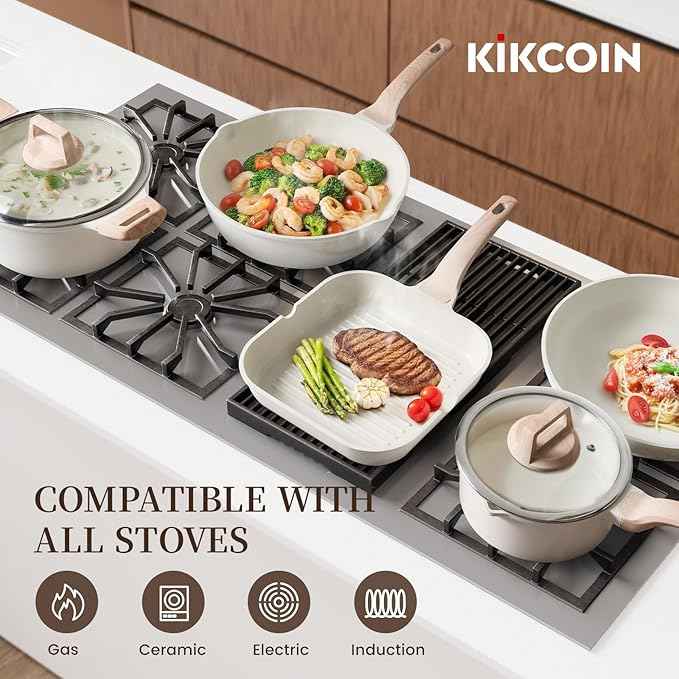 Kikcoin 16Pcs Pots and Pans Set Nonstick Ceramic Cookware Sets Induction Kitchen Cooking Set Non toxic Healthy Non Stick w/Grill Pan,Saute Pan, Ceramic White