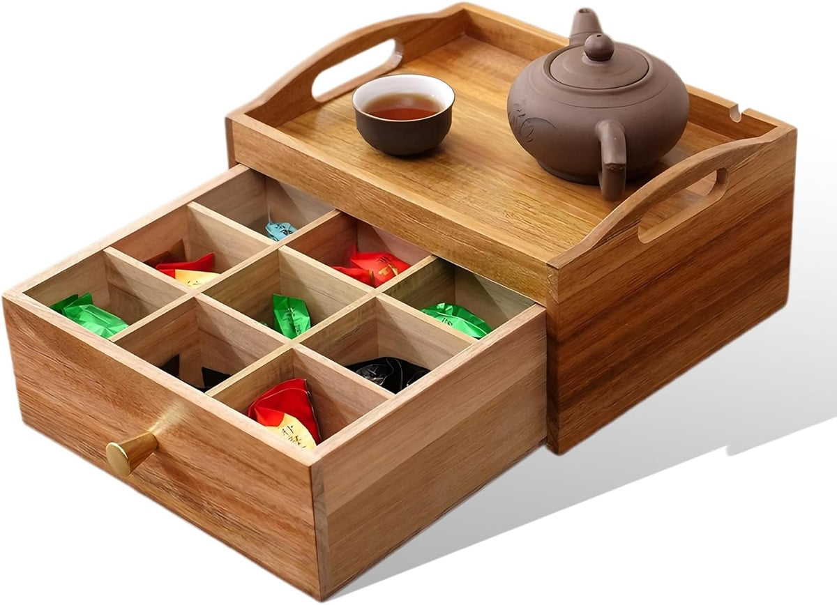 Tea Bag Holder Organizer, Tea Storage Organizer, Acacia Wood Drawer Interior 9 Grids & Teapots and Cups Can Be Placed on Top 10.4"X8.3"X5.4" Storage Box for Kitchen Countertop Organizer
