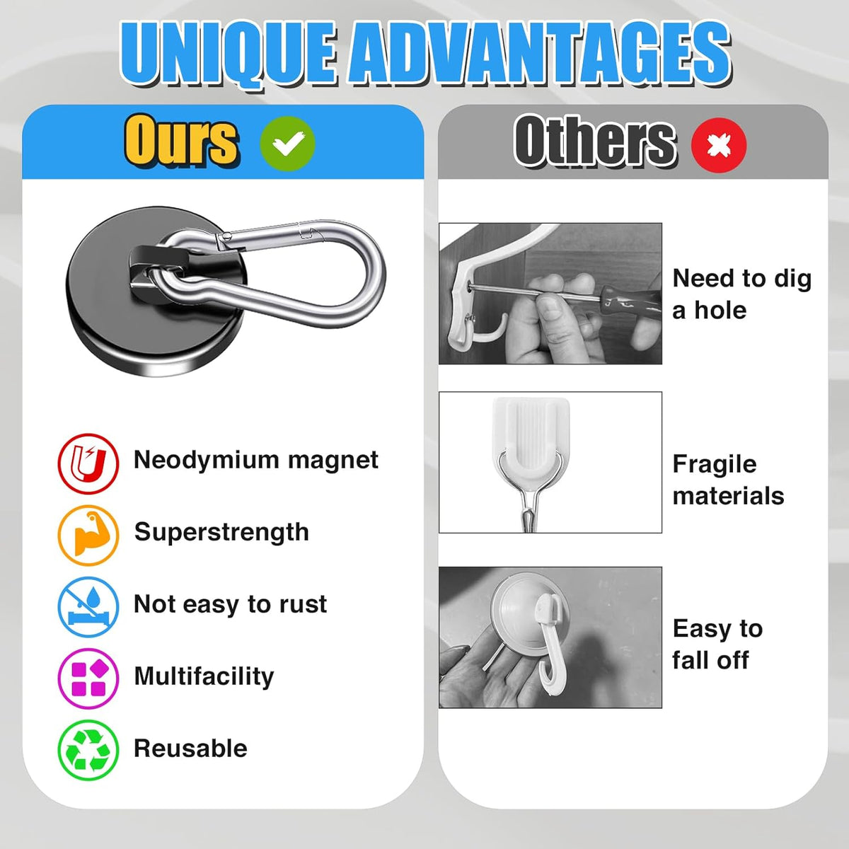 Magnetic Hooks, 70Lbs Heavy Duty Magnetic Hooks with Swivel Carabiner for Cruise Cabins, 6 Pack Extral Strong Neodymium Magnet Hooks for Hanging, Metal Magnetic Hanger for Toolbox, Grill, Fridge