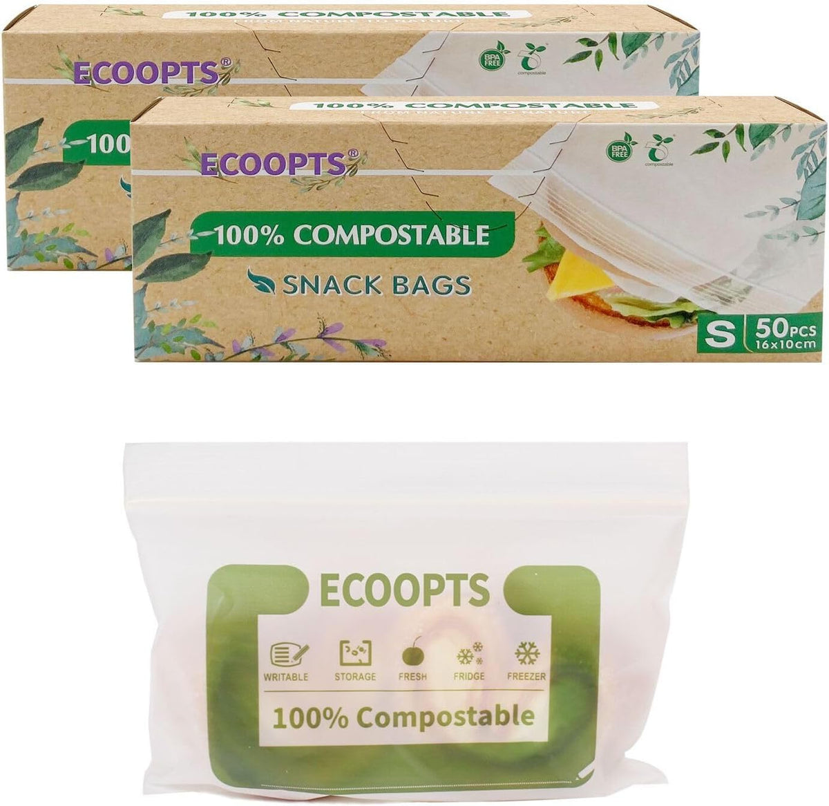 100% Compostable Snack Zip Bag | ECO-Friendly Small Storage Bags | Freezer Bag | Plant-Based BPA-free | Seal well for Cookie, Chips and Snack (2, Small)