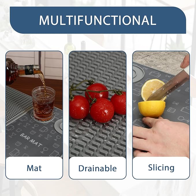 Foldable Bar Mat 18x12 inch - 3-in-1 Silicone Drying Mat with Removable Cutting Board & Rim Tray | Countertop Protector for Home, Outdoor, Travel | Professional Cocktail Accessories (gray)