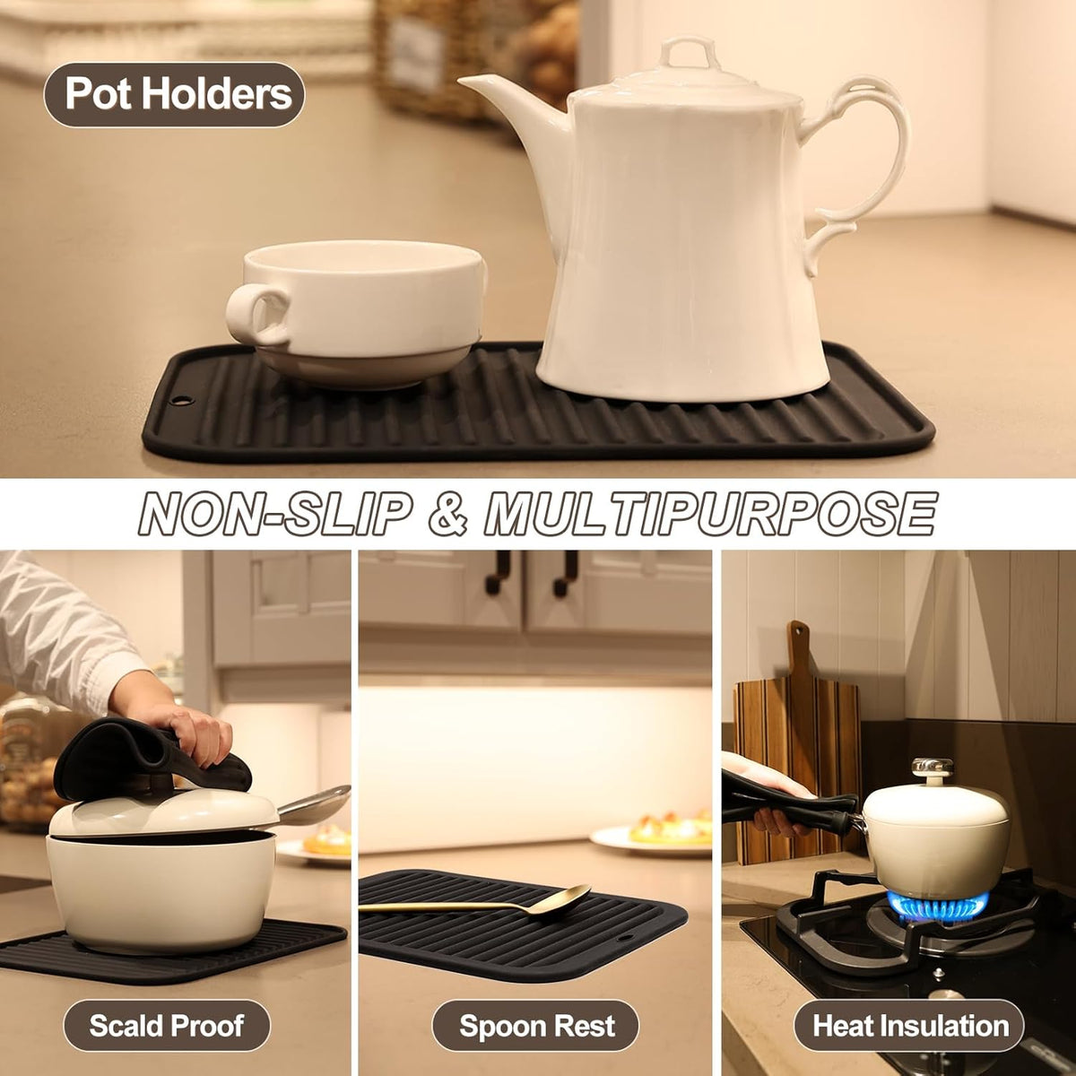 Joyhalo 4 Pack Silicone Trivets for Hot Pots and Pans,480℉ Heat Resistant Trivets for Hot Dishes,Hot Pads for Countertop,Kitchen Potholders,Black