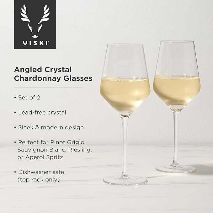 Viski Raye Crystal Angled Chardonnay Glasses, Sleek and Modern Design White Wine Glasses Set, Elegant Glassware for Wedding Gifts, Anniversary, Birthday Gifts, Home Bar Essentials, 13 oz, Set of 2