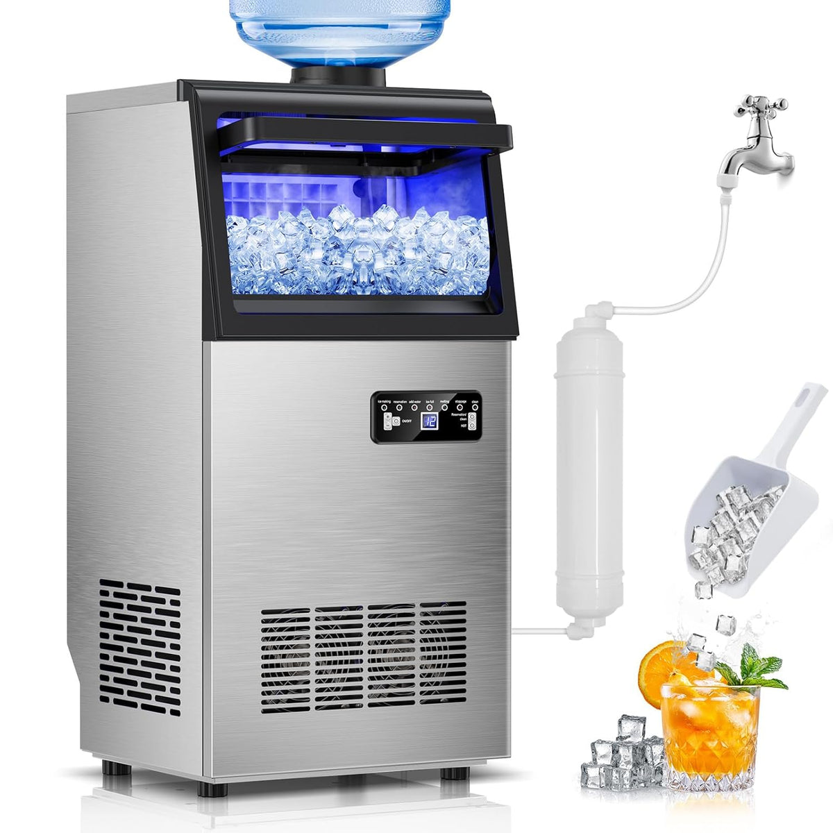 Commercial Ice Maker Machine 130Lbs/24H with 30Lbs Ice Capacity, 45Pcs Clear Ice Cubes Ready in 8-15Mins, Stainless Steel Under Counter Freestanding Large Ice Machine, 2 Water Inlet Modes