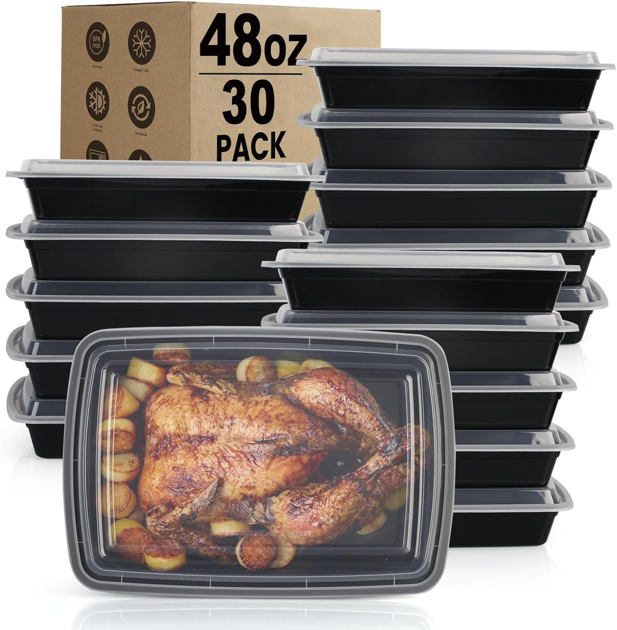 Meal Prep Containers Reusable - 48oz Food Storage Containers with Lids 30 Pack, To Go Food Containers for Meal Prep, Disposable To Go Container with Lids, BPA Free, Microwave/Dishwasher/Freezer Safe
