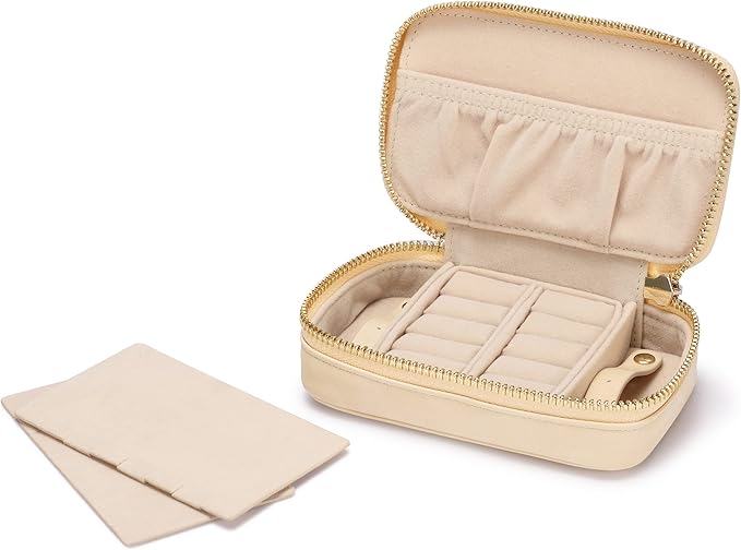 HISCOW Vegan Leather Travel Jewelry Case with Zipper - Portable Necklace & Earring Holder Organizer for Women Girls, Velvet-Lined Ring Box with Anti-Tarnish Design, Cream