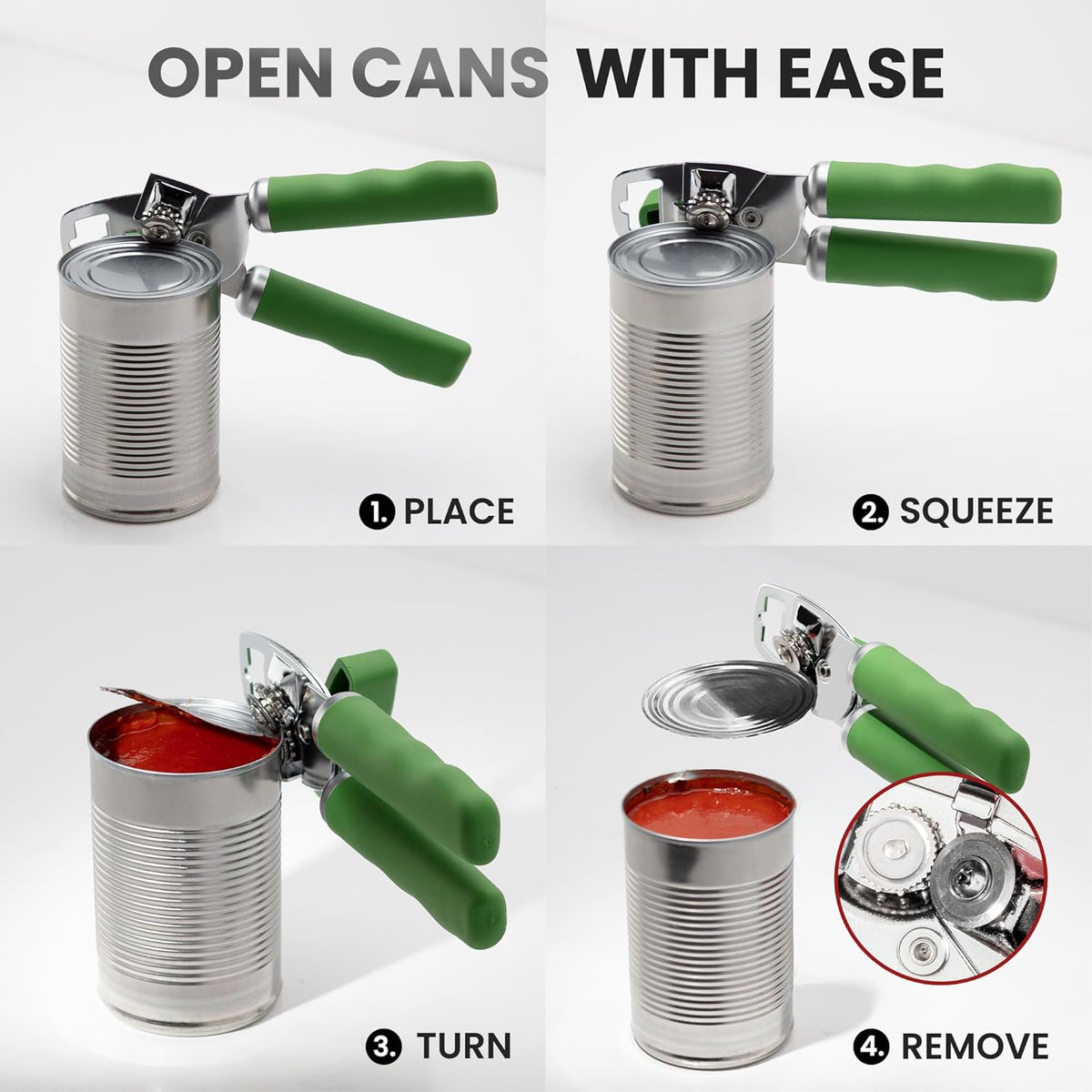Zulay Kitchen Heavy Duty Stainless Steel Can Opener Manual with Bottle Opener - Rust Proof Manual Can Opener With Turn Knob & Comfy Soft Grip Handles - Artichoke Green