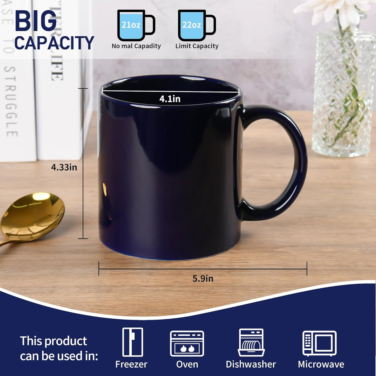 22oz Super Large Ceramic Coffee Mugs Large Handles Set of 4 (Cobalto)
