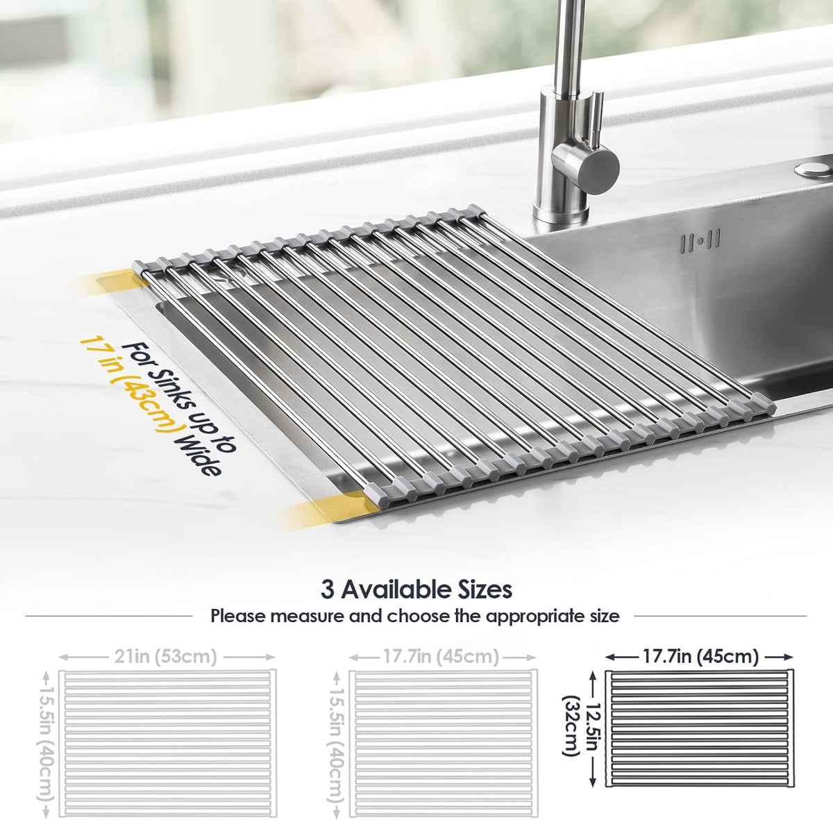 Tomorotec 17.7" x 12.5" Roll Up Dish Drying Rack Over Sink Drying Rack Sink Cover Kitchen Sink Accessories Gadget Multipurpose Organizer Foldable Stainless Steel Drainer