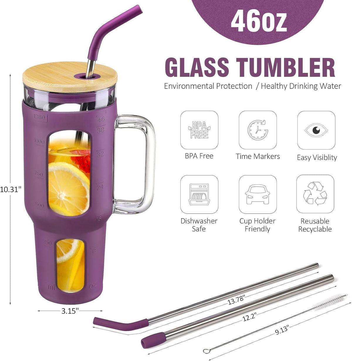 Glass Tumbler with Lid and Straw, 46 oz Iced Coffee Cup with Handle, Glass Water Bottles with Silicone Sleeve, BPA Free-Purple