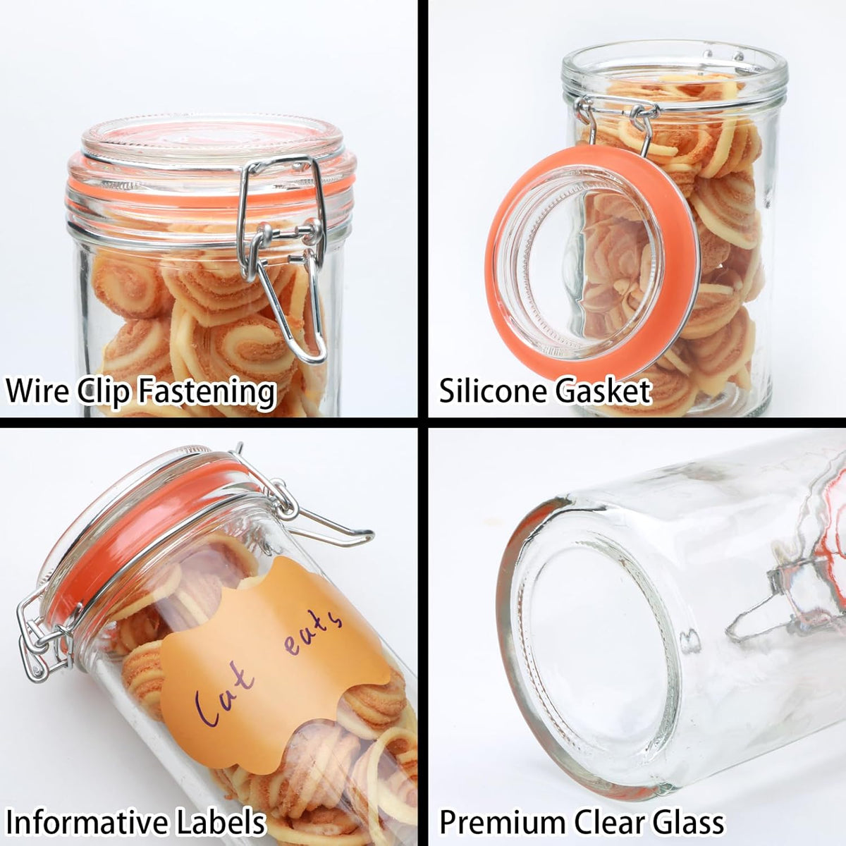 16 oz Glass Jars with Airtight Lid, Set of 6 Mason Jars 16 oz, Glass Storage Jars, Airtight Glass Jars, Canning Jar，Glass Canister with Seal for Pickle, Vanilla, Cookie, Jelly