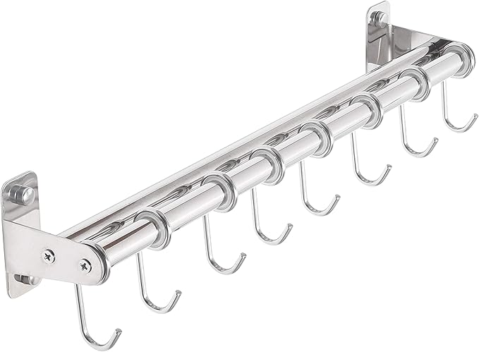 DSEAP Pot Rack - Pots and Pans Hanging Rack with 8 Hooks, Double Bars, Wall Mounted, Chromed
