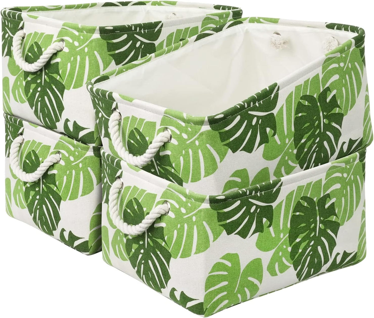 Storage Cubes, Storage Bins Baskets for Organizing 4 Pack for Organizing Toys, Clothes, Closet Baskets with Rope Handles for Nursery Home(White and Green,15.7"L×11.8"W×8.2"H)
