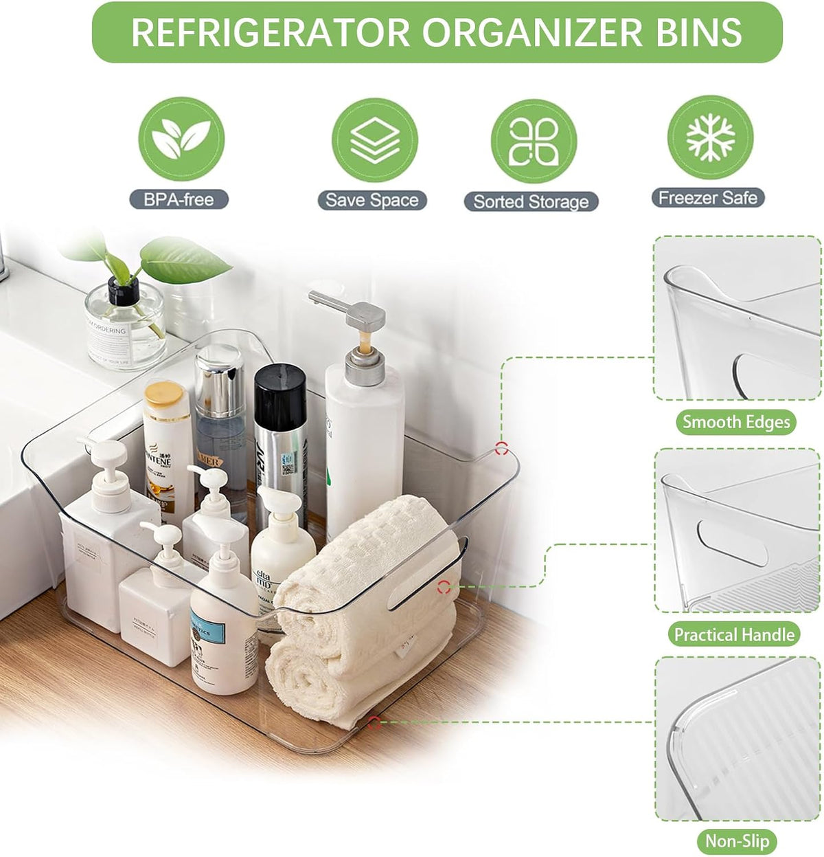 Plastic Storage Bins, Large - 4 Pack, Fridge Storage Containers, Clear Plastic Bins For Fridge, BPA-Free Clear Storage Bins for Fridge, Freezer, Cabinet, Kitchen, Pantry 11 x 8 x 5 inch